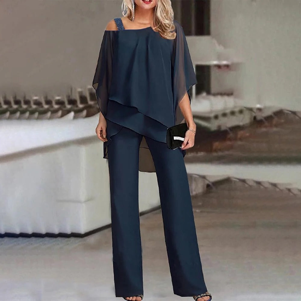 Celeste | Women's Cold Shoulder Chiffon Overlay Wide Leg Jumpsuit