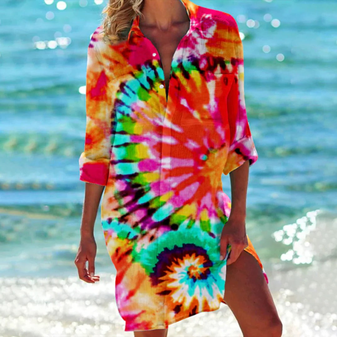 Coralie | Women's Tropical Print Shirt Dress 3/4 Sleeve Beach Cover Up