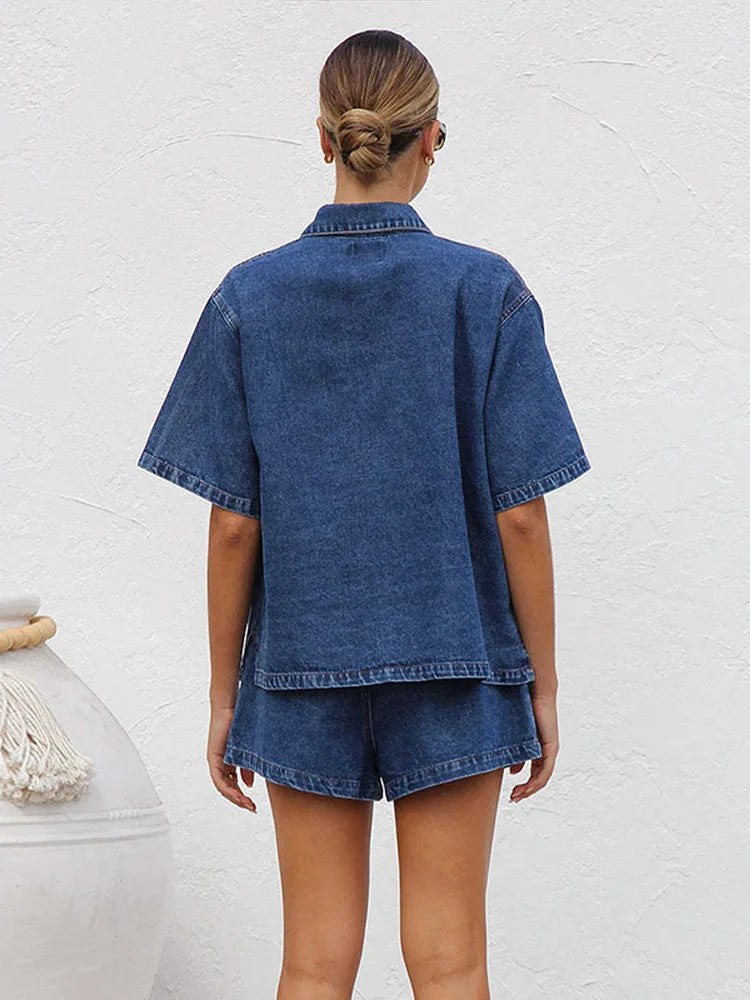 Leonie | Women's Denim Two Piece Short Sleeve Button Down Set