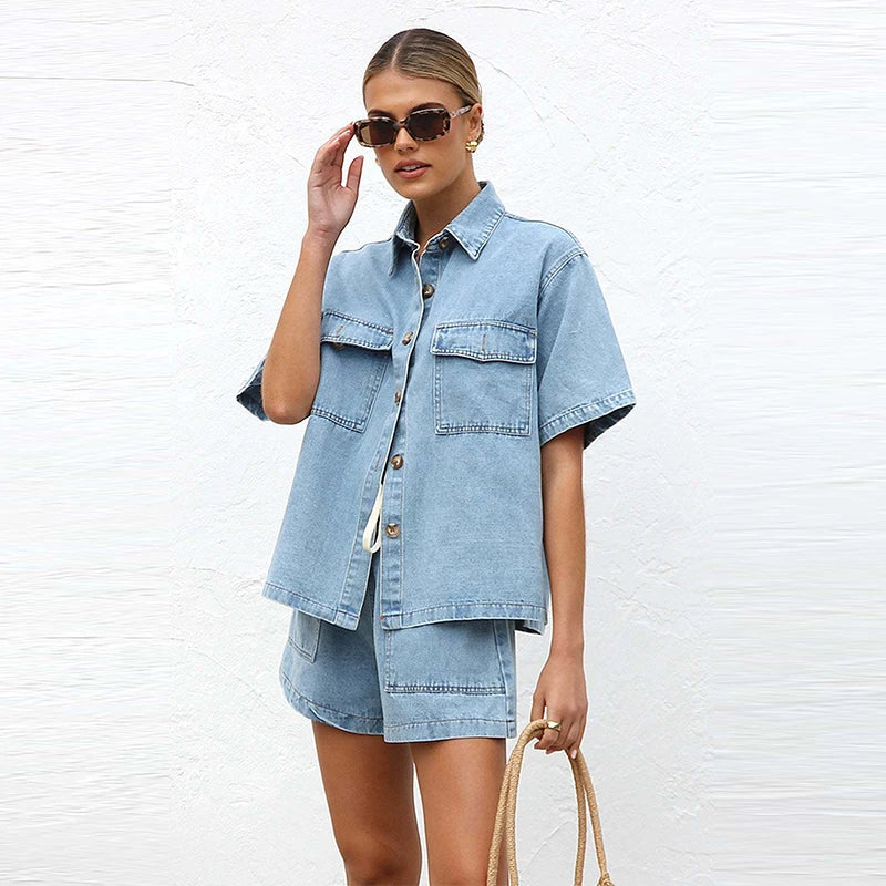 Leonie | Women's Denim Two Piece Short Sleeve Button Down Set