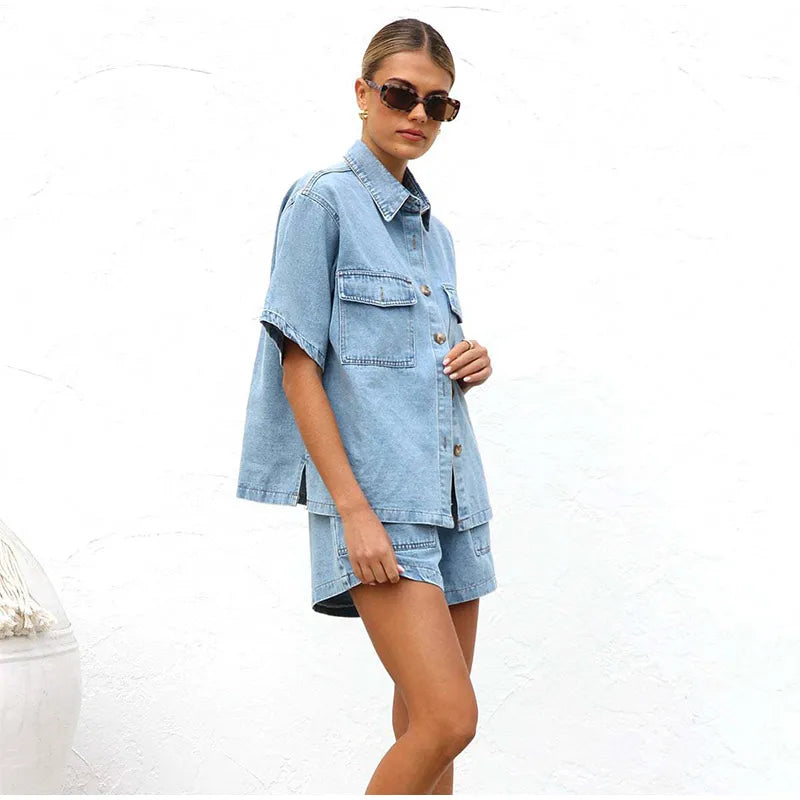 Leonie | Women's Denim Two Piece Short Sleeve Button Down Set