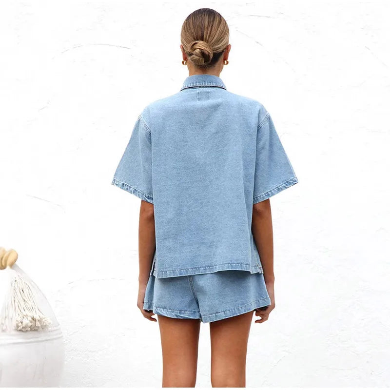 Leonie | Women's Denim Two Piece Short Sleeve Button Down Set