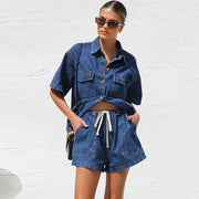 Leonie | Women's Denim Two Piece Short Sleeve Button Down Set