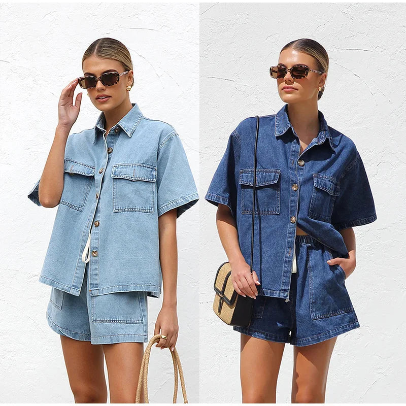 Leonie | Women's Denim Two Piece Short Sleeve Button Down Set