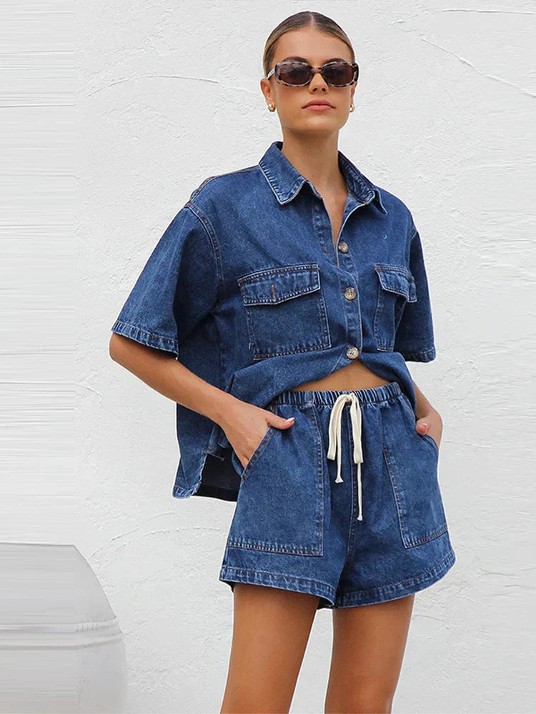 Leonie | Women's Denim Two Piece Short Sleeve Button Down Set