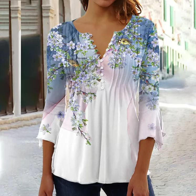 Linnea | Women's Floral Long Sleeve Henley Blouse