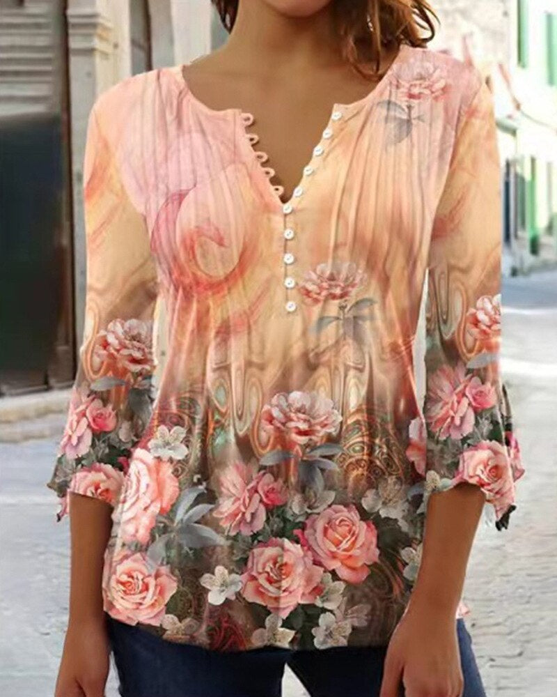 Linnea | Women's Floral Long Sleeve Henley Blouse