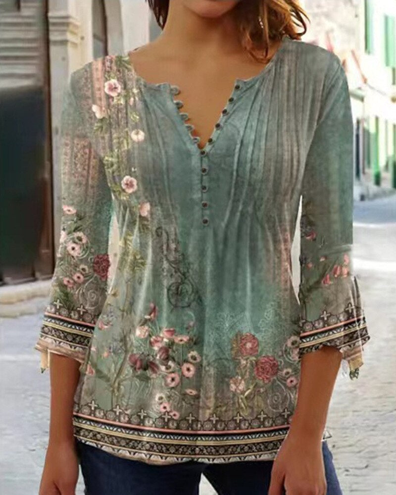 Linnea | Women's Floral Long Sleeve Henley Blouse