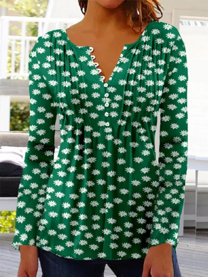 Linnea | Women's Floral Long Sleeve Henley Blouse