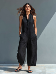 Lysandra | Women's Sleeveless Button Front Wide Leg Jumpsuit