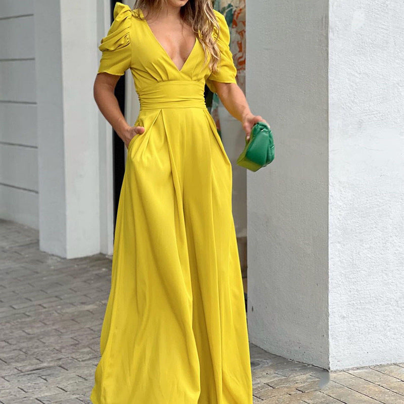 Marigold | Women's V-Neck Puff Sleeve Wide Leg Jumpsuit