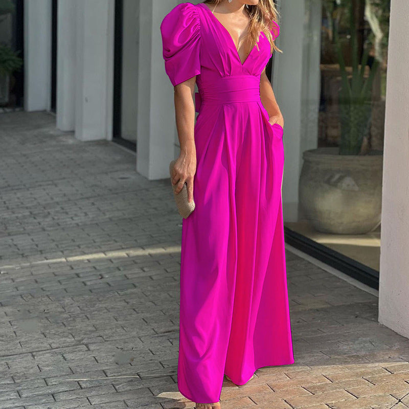 Marigold | Women's V-Neck Puff Sleeve Wide Leg Jumpsuit