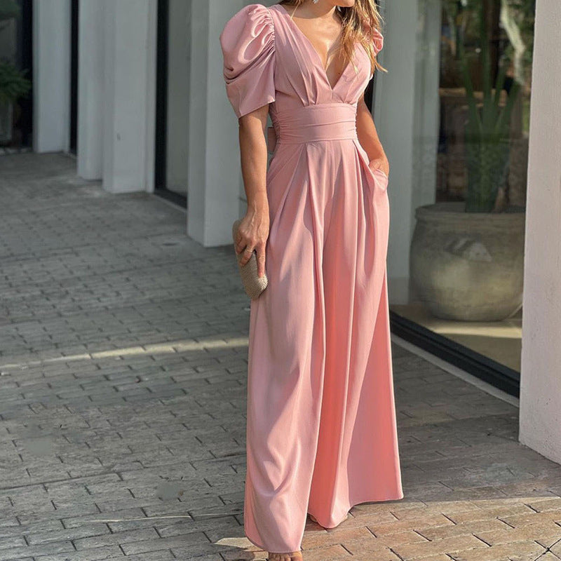 Marigold | Women's V-Neck Puff Sleeve Wide Leg Jumpsuit