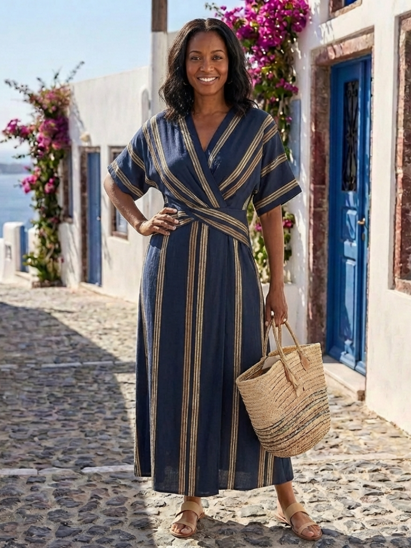Ophelia | Women's V Neck Striped Wrap Maxi Dress