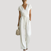 Ophelia | Women's V Neck Wide Leg Tie Waist Jumpsuit