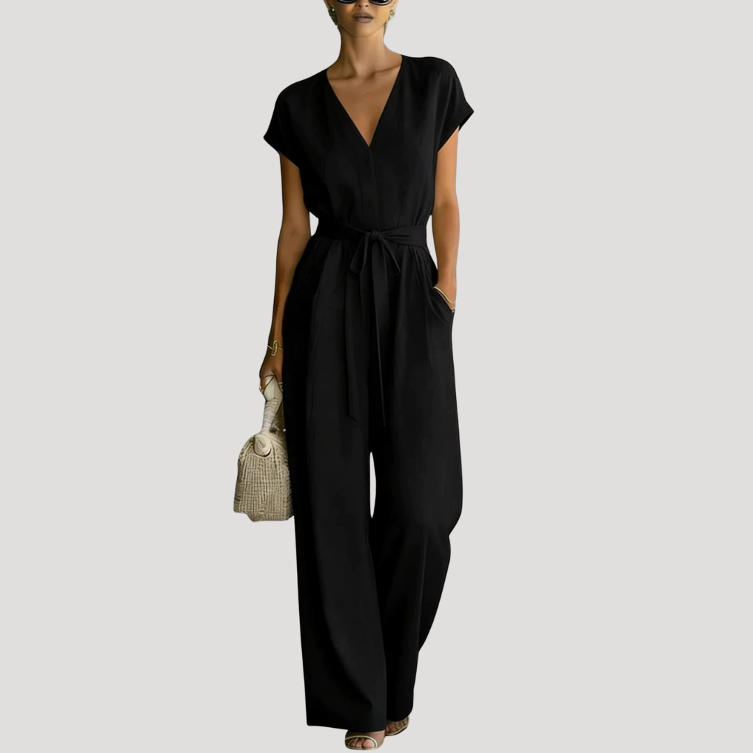 Ophelia | Women's V Neck Wide Leg Tie Waist Jumpsuit