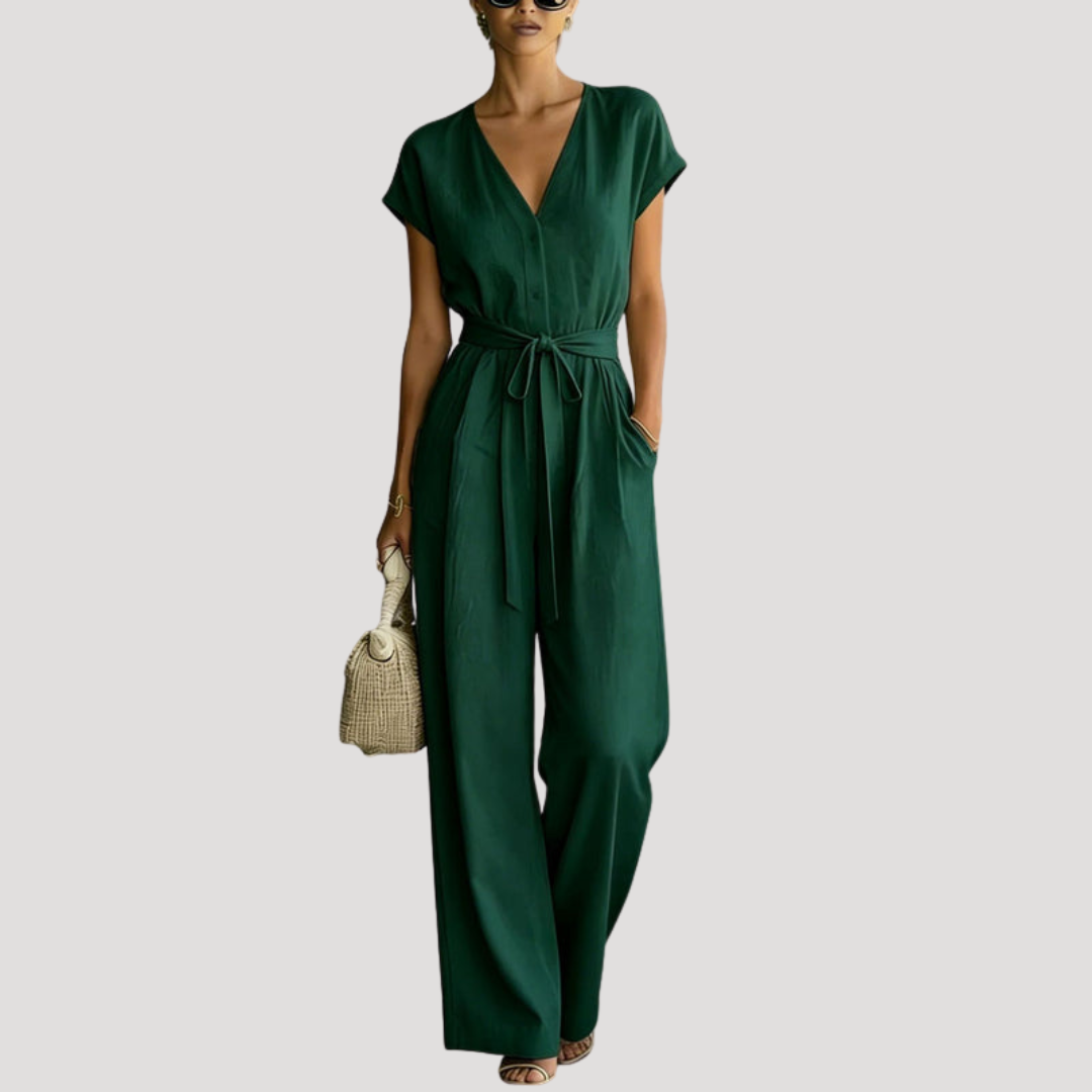 Ophelia | Women's V Neck Wide Leg Tie Waist Jumpsuit