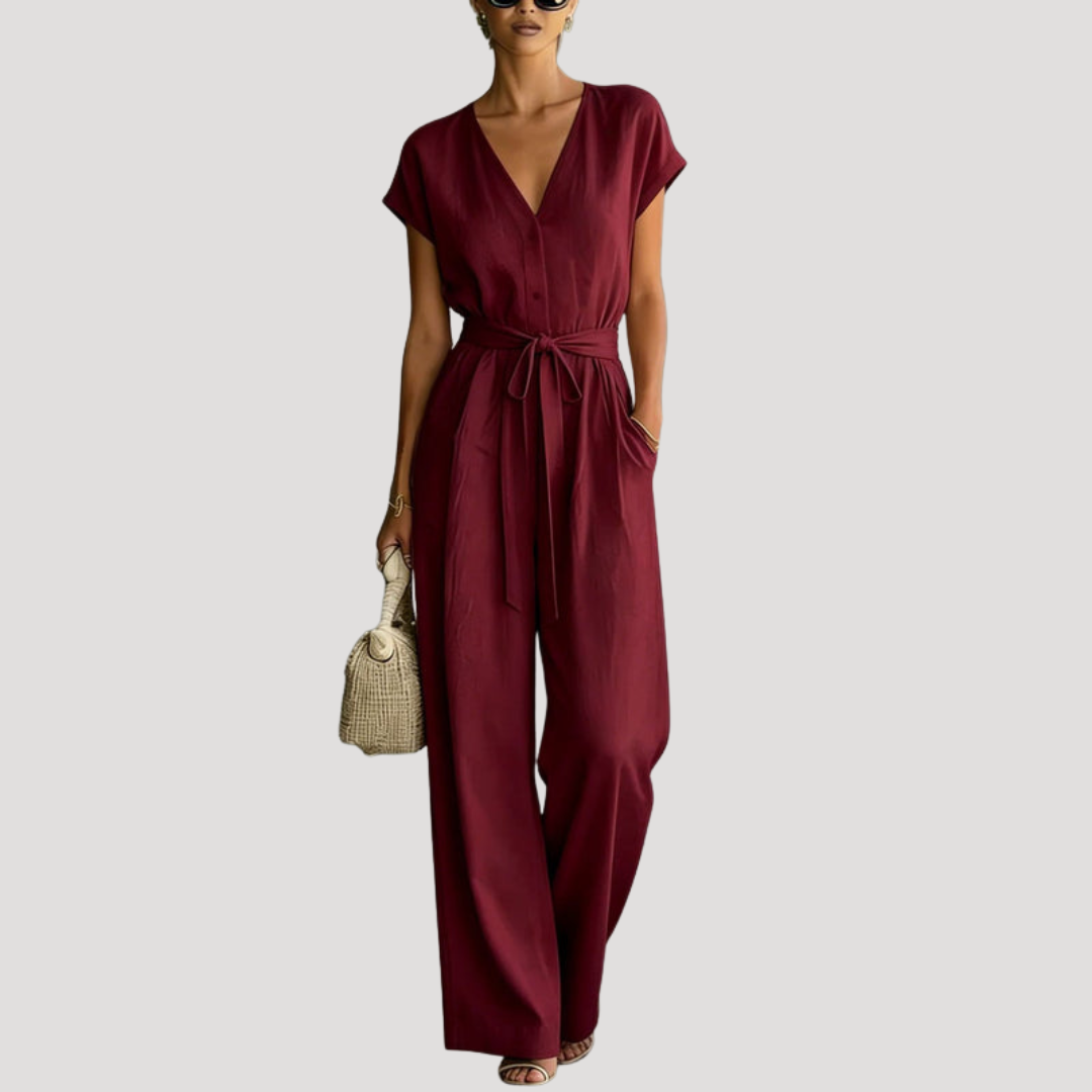 Ophelia | Women's V Neck Wide Leg Tie Waist Jumpsuit