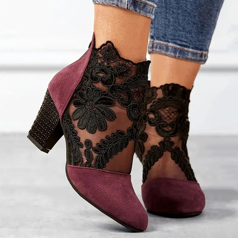 Pemba | Women's Floral Lace Block Heel Ankle Boot