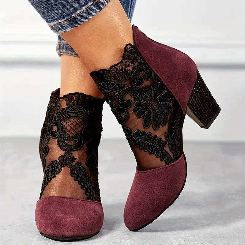 Pemba | Women's Floral Lace Block Heel Ankle Boot