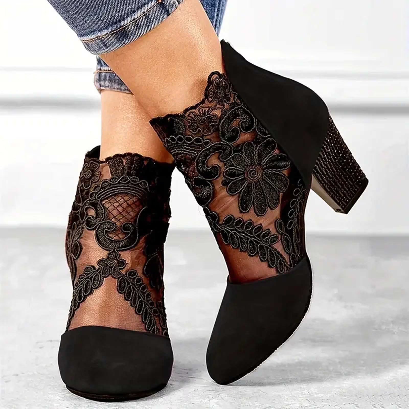 Pemba | Women's Floral Lace Block Heel Ankle Boot