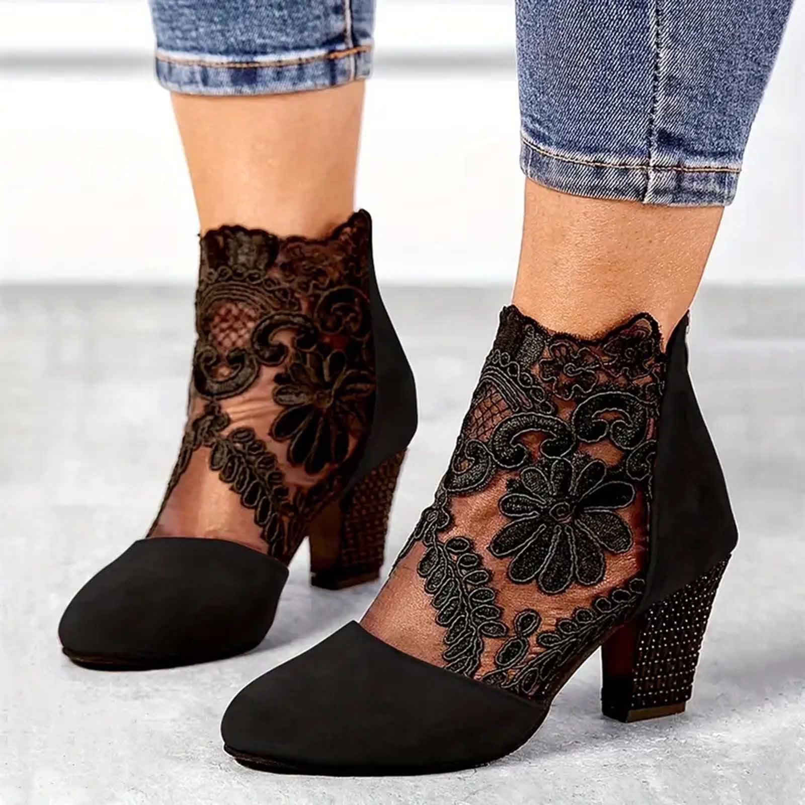 Pemba | Women's Floral Lace Block Heel Ankle Boot