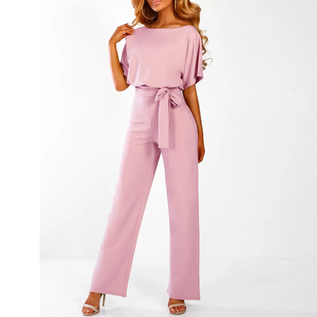 Penelope | Women's Wide Leg Short Sleeve Belted Jumpsuit