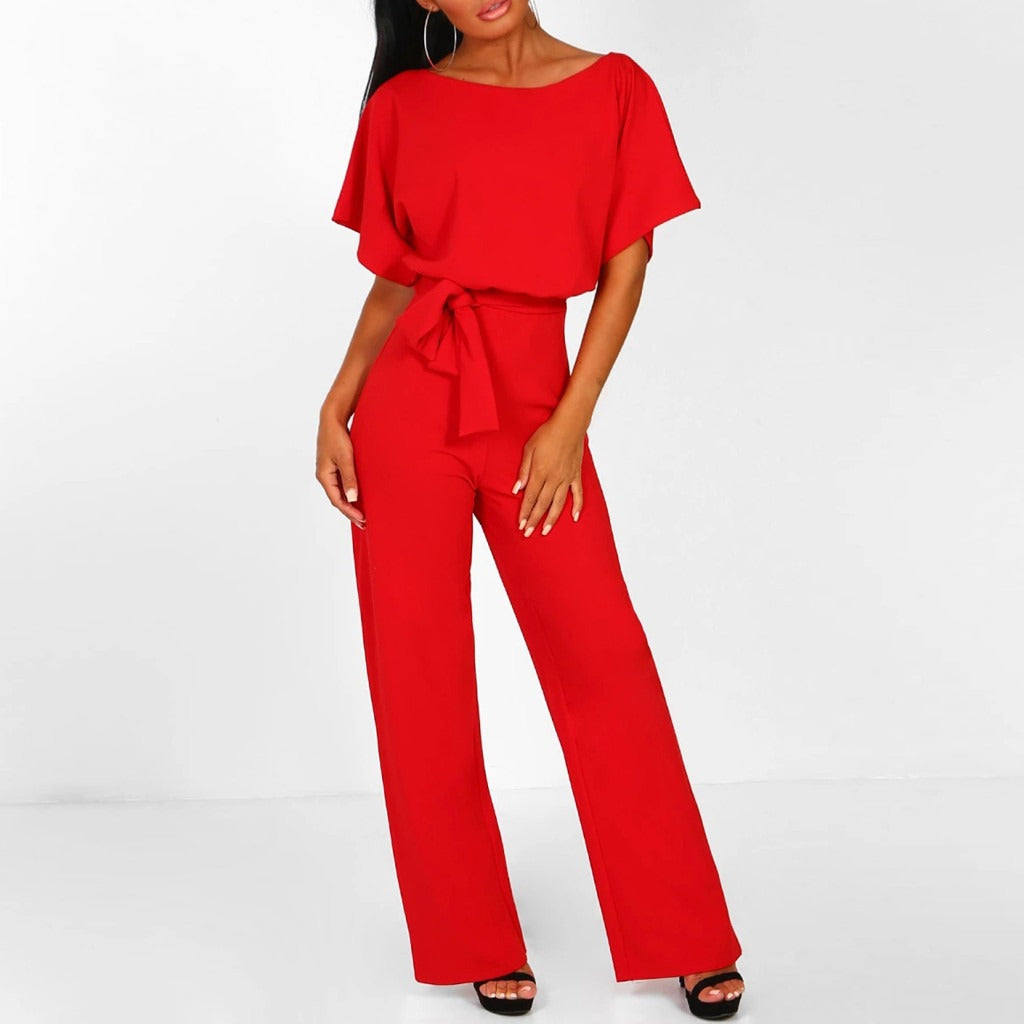 Penelope | Women's Wide Leg Short Sleeve Belted Jumpsuit