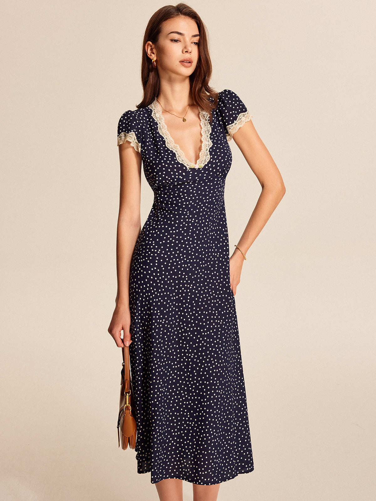 Colette | Women's Polka Dot Lace Trim V-Neck Cap Sleeve Midi Dress