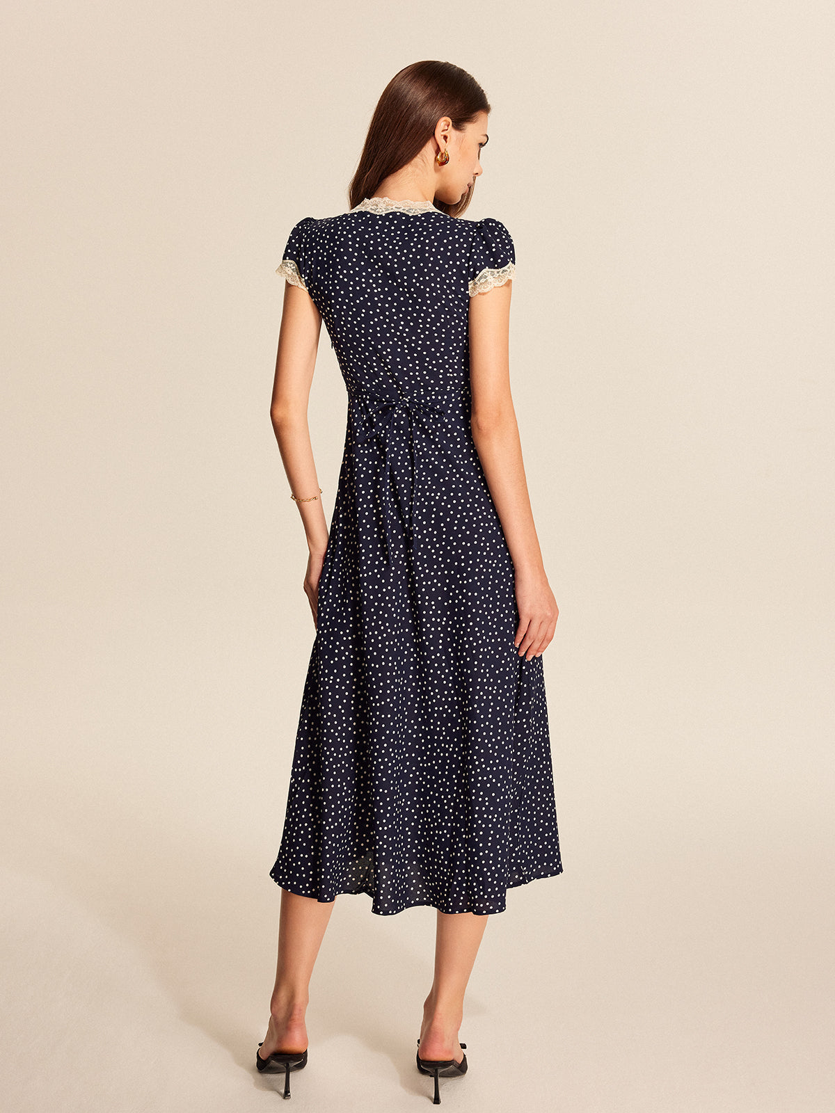 Colette | Women's Polka Dot Lace Trim V-Neck Cap Sleeve Midi Dress