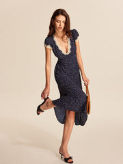 Colette | Women's Polka Dot Lace Trim V-Neck Cap Sleeve Midi Dress