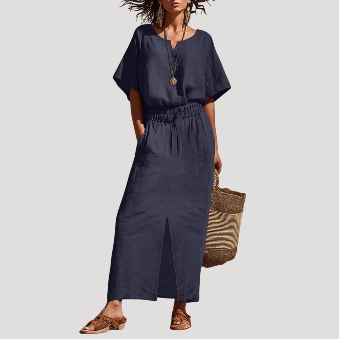 Raina | Women's Short Sleeve V Neck Two Piece Midi Set