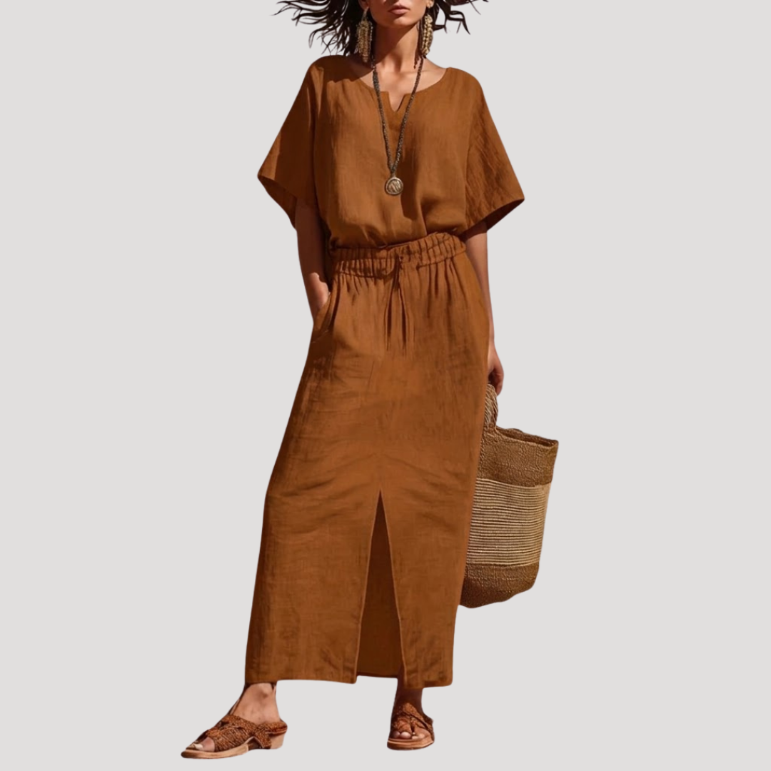 Raina | Women's Short Sleeve V Neck Two Piece Midi Set