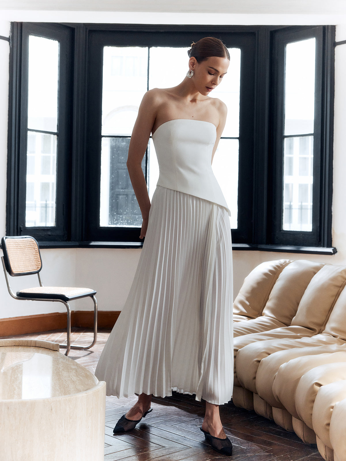Vienna | Women's Strapless Pleated Maxi Dress with Side Split