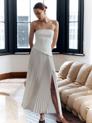 Vienna | Women's Strapless Pleated Maxi Dress with Side Split