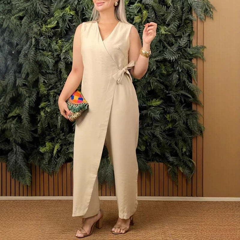 Noir | Women's Sleeveless Jumpsuit Wrap V-Neck Tie Waist Casual