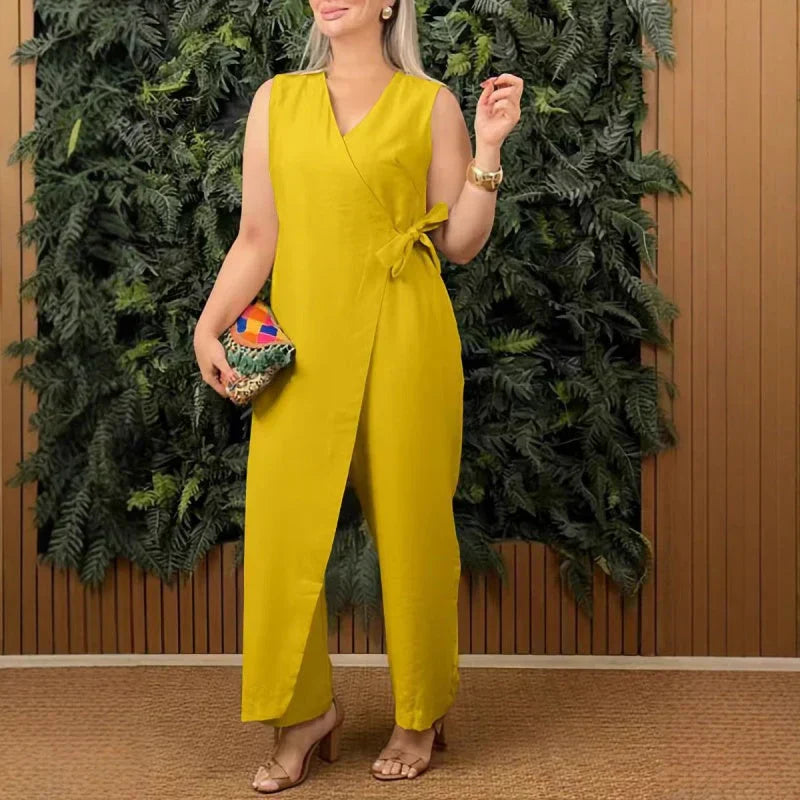 Coral | Women's Wrap V-Neck Sleeveless Wide Leg Jumpsuit Belted